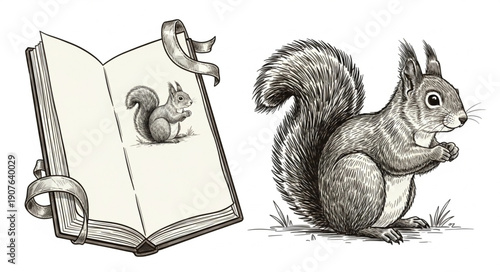 Vintage Illustration of a Squirrel and an Open Book.