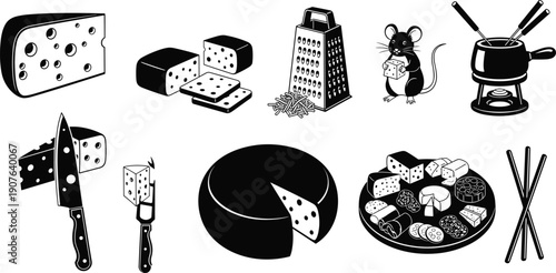 Cheese food illustration set with swiss cheddar fondue grater knife platter dairy vector collection gourmet ingredients