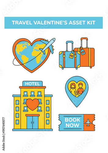 Set of Travel Themed Valentine's Day Icons Including Heart Globe, Luggage, Hotel, and Couple Location Pin