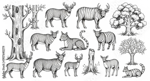 Vintage Wildlife and Trees Illustration Collection.