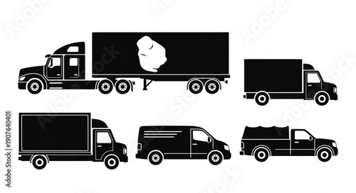 Various Truck Silhouettes Collection Transportation Vehicles.