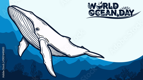 WHALE BLUE OCEAN BACKGROUND WITH ANIMAL ILLUSTRATION