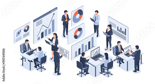 Isometric business team analyzing financial data graphs and charts collaborating on strategy and market reports