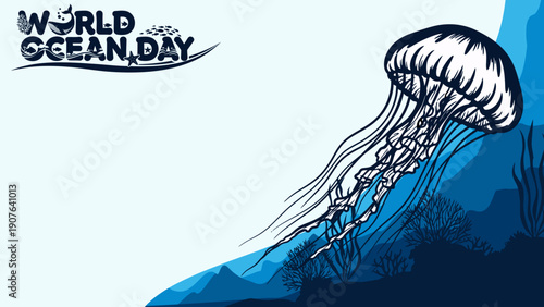 JELLYFISH BLUE OCEAN BACKGROUND WITH ANIMAL ILLUSTRATION