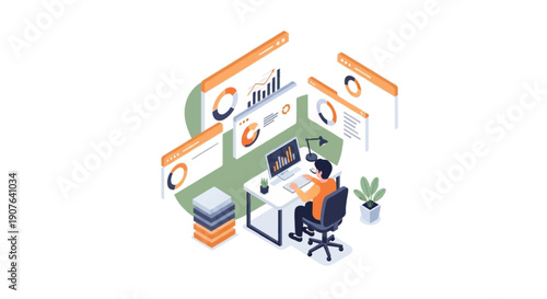 Isometric illustration of business intelligence analyst working on desktop computer surrounded by data dashboards and graphs.