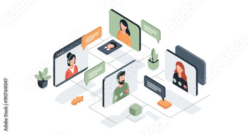 Group video call concept online meeting virtual conference remote team communication isometric illustration.