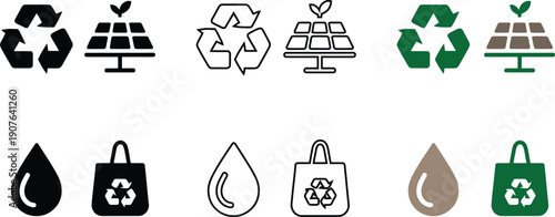 Set of eco-friendly and sustainability including recycling and solar energy symbols