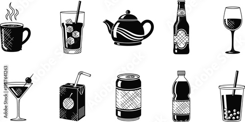 Beverage drink silhouettes set with coffee tea soda wine cocktail juice bottle can bubble tea vector illustration collection icons