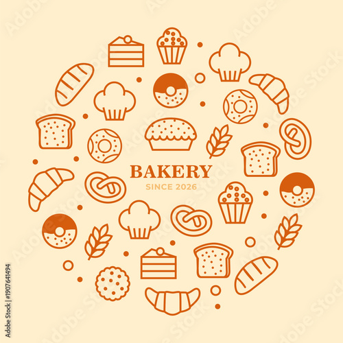 Minimalist bakery background with line icons of bread, croissants, donuts, cupcakes, and wheat arranged in a circular pattern around a central bakery text in warm orange tones.