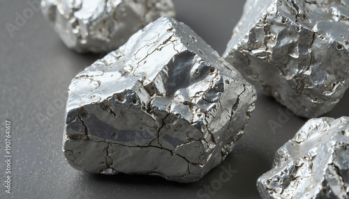 close-up image of raw silver metal in its natural form, showing irregular rough silver ore chunks with sharp edges and metallic shine. Natural gray-silver color with subtle reflections stone