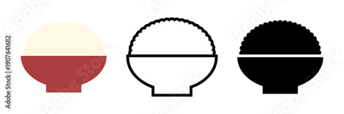 アイボリーホワイトの白米と赤い茶碗のご飯アイコン3種セット｜線画・シルエット付き和食メニュー用フラットベクター素材/Ivory White Rice Bowl Icon Three Style Set with Red Bowl | Outline and Silhouette Japanese Food Flat Vector Illustration