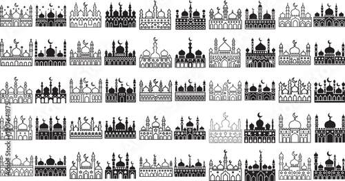 Collection of various mosque silhouettes and icons in different styles and designs on white background