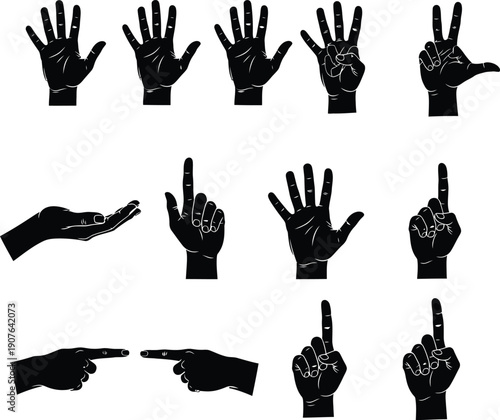 Silhouette of various hand gestures in american sign language alphabet silhouette