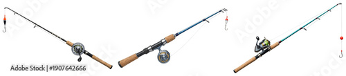 Photos realistic photograph showcasing a collection of three distinct fishing rods with reels and floats, ready for angling adventures