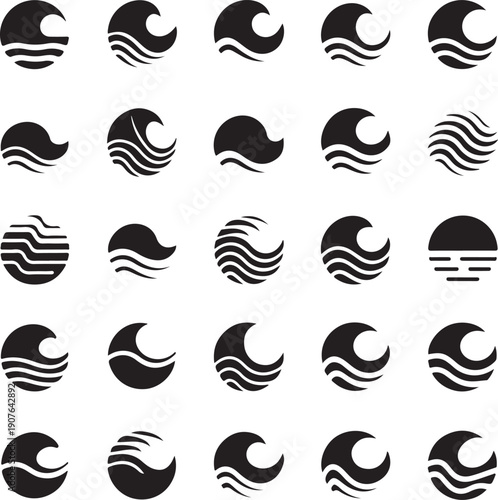 Collection of various wave icons in black and white