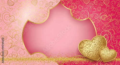 A pink and gold heart-shaped Valentine's Day card with a floral pattern and glittery accents