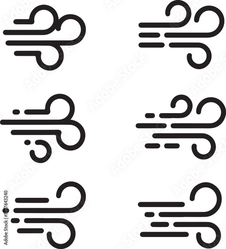 Six wind speed symbols in various speeds and directions