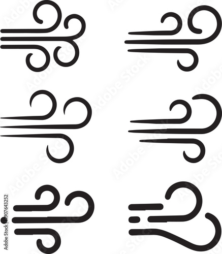 Six black wind line icons in different styles on white background