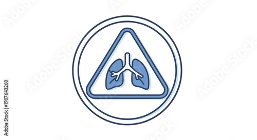 Illustration of a stylized set of lungs within a cautionary triangle inside a circle, representing health and medical warning