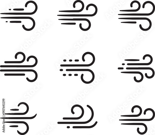 Wind speed vector icons in different styles and directions