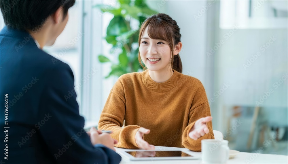 Obraz premium 茶色のニットを着て身振り手振りで提案する笑顔の女性