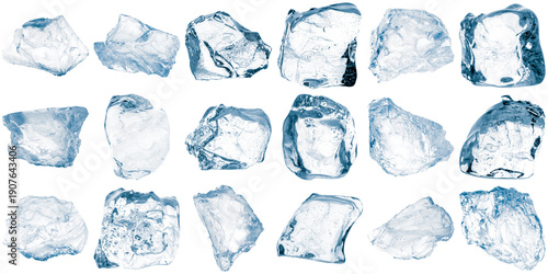 a collection of various sized and shaped clear ice cubes melting slightly on a transparent background, perfect for beverage and cooling themes.