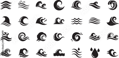 Collection of various wave and sea swirl icons in black