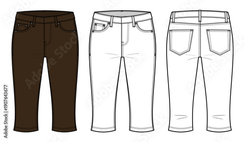 Tailored Knee-Length Denim Capri Technical Fashion Illustration. High-Rise Slim Pedal Pusher Jeans with Clean Five-Pocket Construction. Modern Minimal Summer CAD Vector Template.