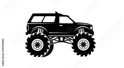 Black silhouette of a monster truck with large wheels, isolated on white background