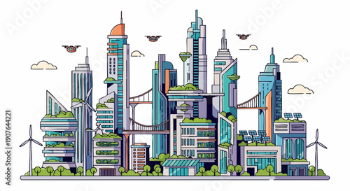 Modern sustainable city skyline with green architecture and renewable energy.