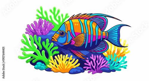 Colorful tropical fish in coral reef environment.