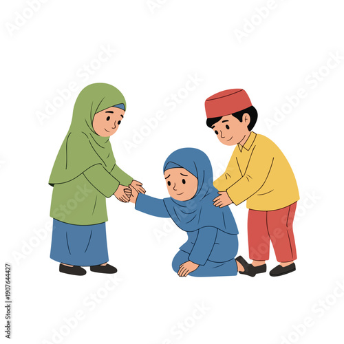 Cartoon illustration of a child being helped up by two friends in colorful outfits and headscarves against a clean white background.