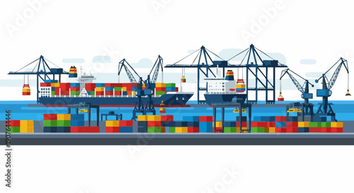 Busy Port Scene with Cargo Ship and Cranes Unloading Containers.