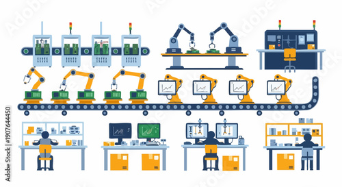 Automated factory production line with robots and human workers.