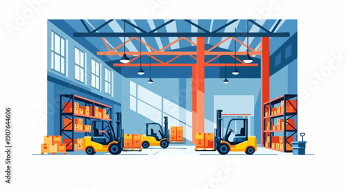Three yellow forklift trucks operating in a modern logistics warehouse.