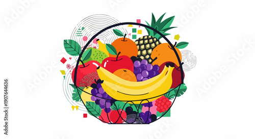 Colorful fruit basket with various fruits.