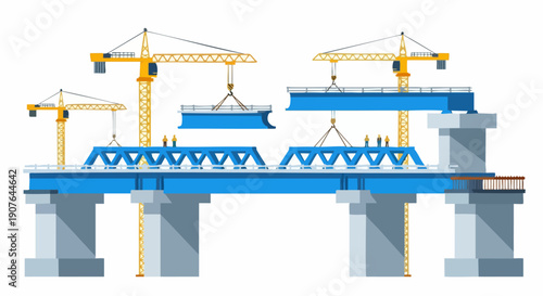 Construction of a Bridge with Cranes and Workers.
