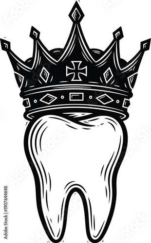 World Oral Health Day Tooth Crown Linocut Icon Dental Vector Teeth Oral Care Bold Engraving