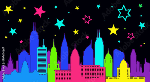 Colorful city skyline with vibrant stars in the night sky.