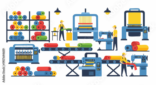 Textile factory production line with workers and machines.