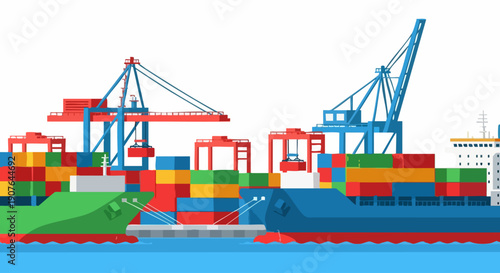 Global cargo shipping logistics with container ships and port cranes.