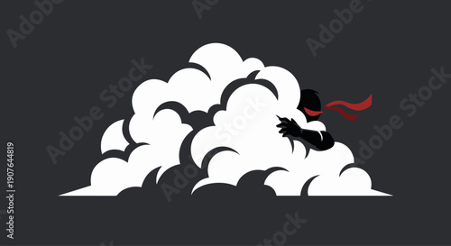  The Smoke Bomb Vanish
A minimalist vector illustration of a large, stylized white cloud of smoke in the center of a dark frame. A ninja’s hand and a piece of fabric are barely visible, 