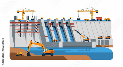 Construction of a Hydroelectric Dam with Heavy Machinery and Cranes.