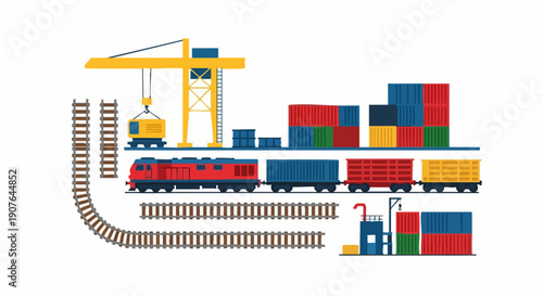 Railway freight transportation system with industrial crane and shipping containers.