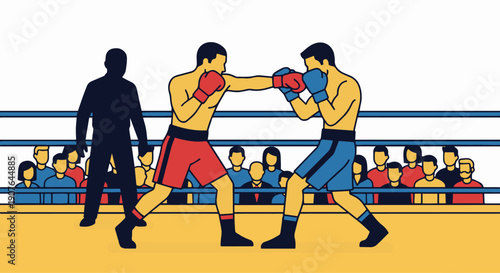 You said
Boxer Sparring Match

Flat vector illustration of two boxers sparring in a boxing ring. Gloves raised, referee silhouette in background. Flat vector style, competitive sports atmosphere.