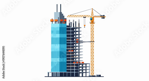 Skyscraper construction site with crane and building progress.