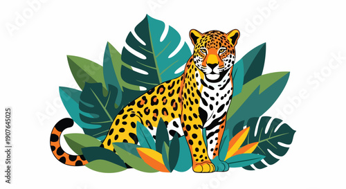 Majestic Jaguar Amidst Lush Tropical Foliage - A Vibrant Wildlife Illustration.