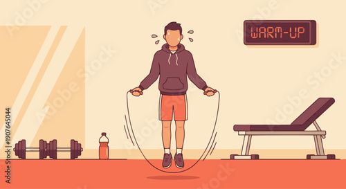 Boxer Jump Rope Training

Flat vector illustration of a boxer skipping rope during warm-up. Gym interior background. Flat vector style, fitness and endurance mood.