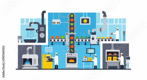 Automated food processing factory production line with workers.
