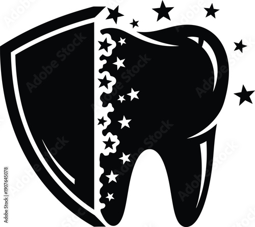 World Oral Health Day Tooth Shield Linocut Icon Dental Vector Teeth Oral Care Stars